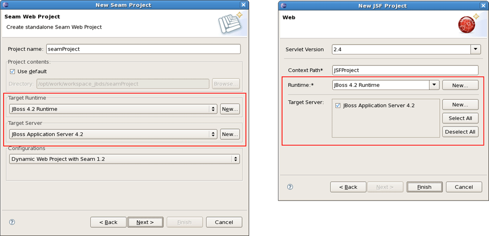Runtime and Server Sections in the New Project Wizard