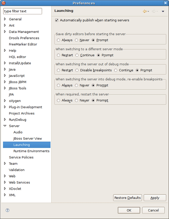 Server Launching Preferences
