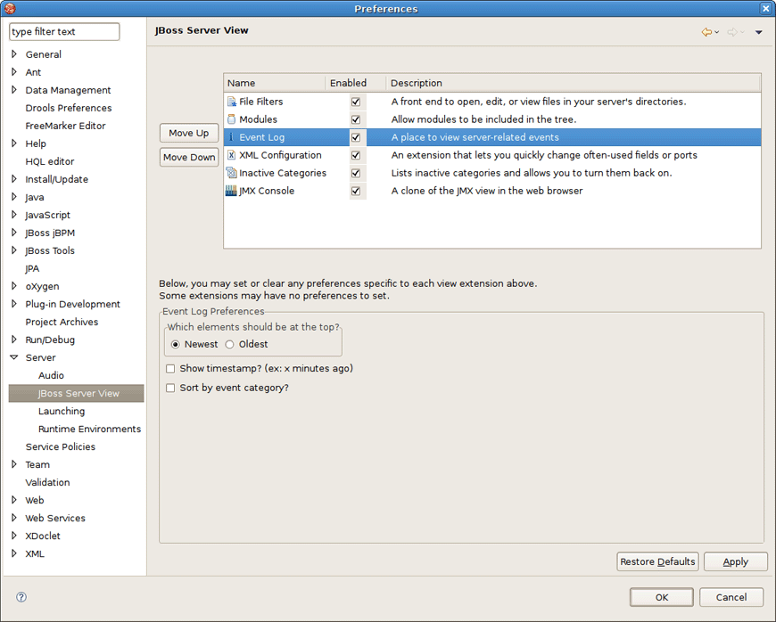 JBoss Server View Preferences