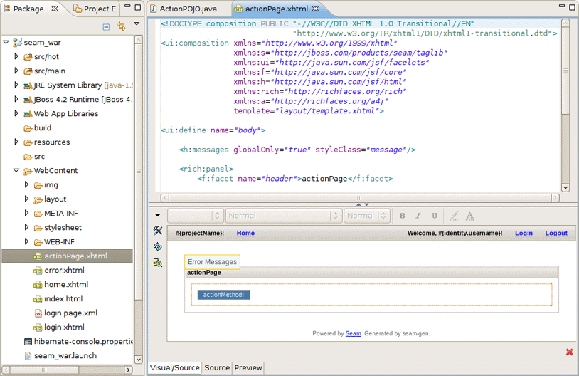 Action Page in JBoss Tools HTML Editor.