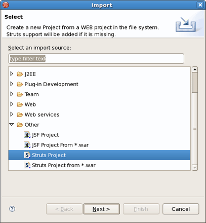 Selecting the Import Struts Project Wizard