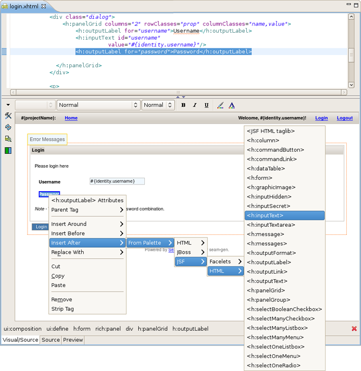 Inserting a tag into the Visual part