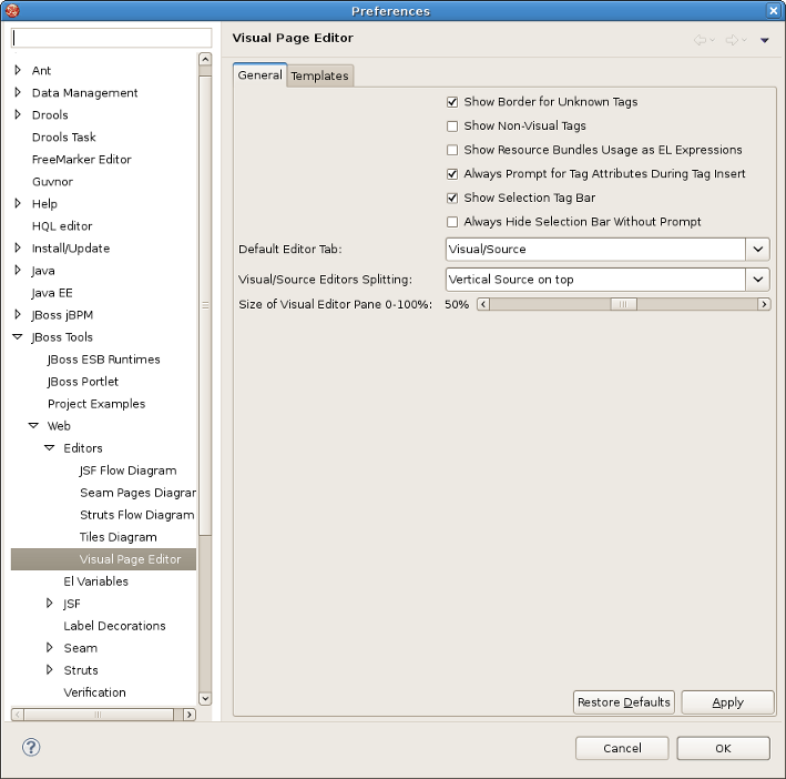 Visual Page Editor Preferences Window