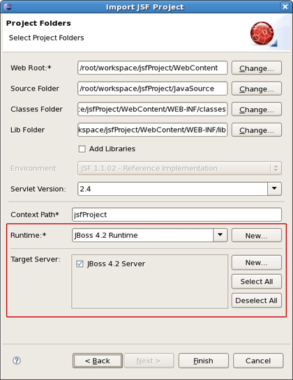 Runtime and Server Sections in the Import Project Wizard