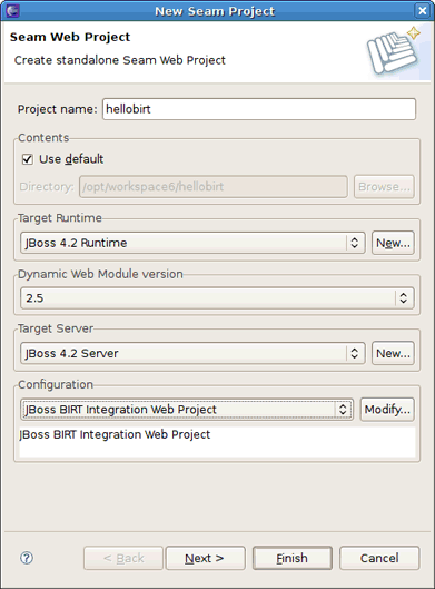Choosing the JBoss BIRT Integration Web Project Configuration
