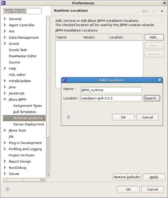 Adding jBPM Location