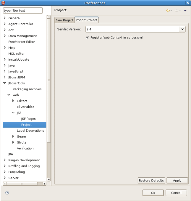Import JSF Project Preferences
