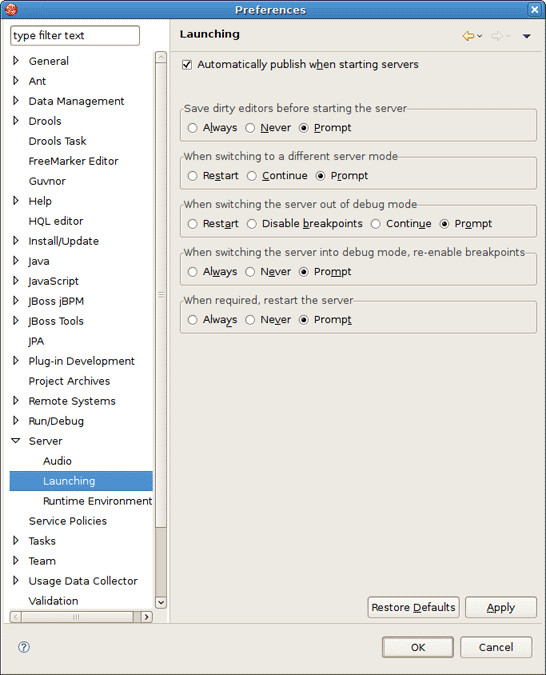 Server Launching Preferences