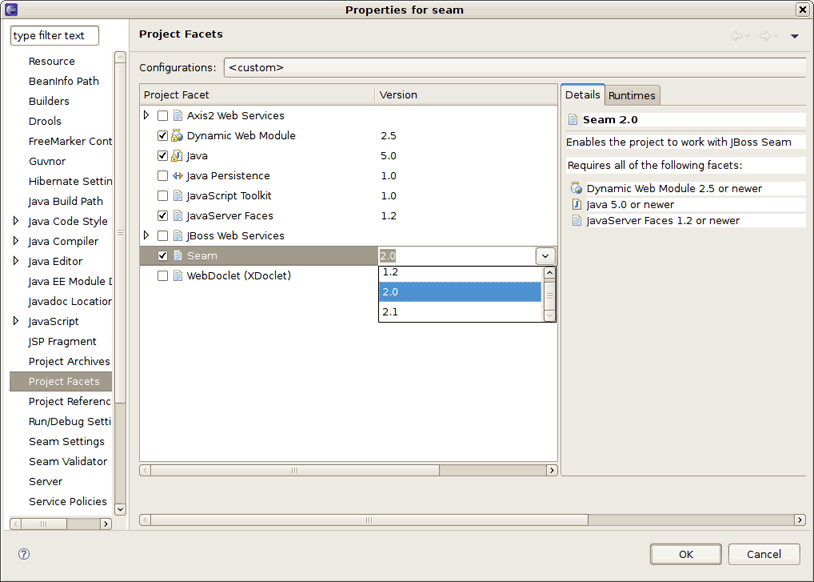 Changing the Seam Facet Version