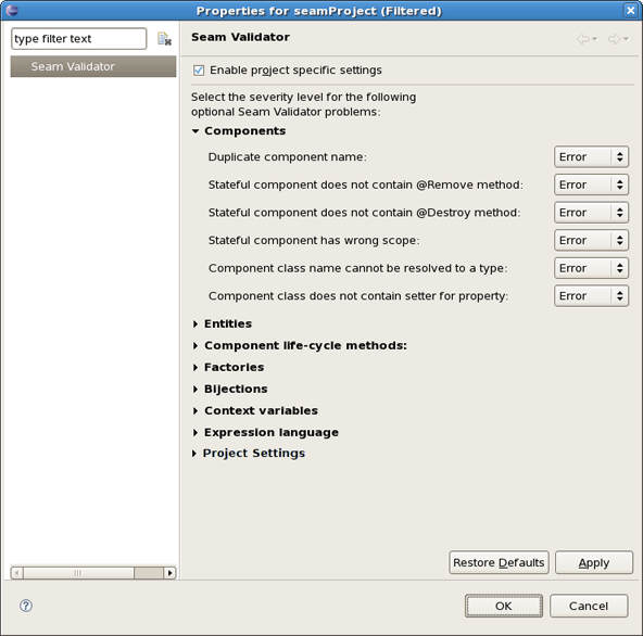 Validator Properties Page for Chosen Project
