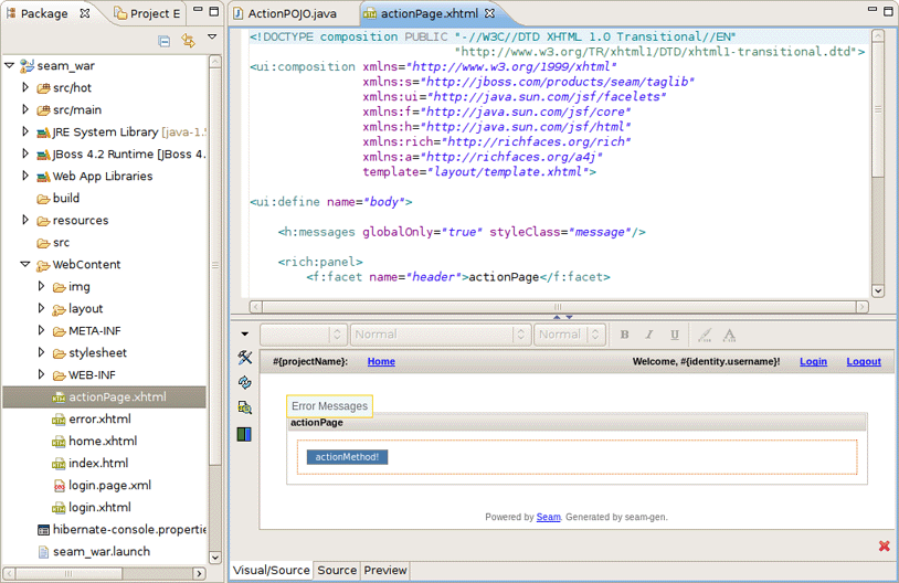 Action Page in JBoss Tools HTML Editor.