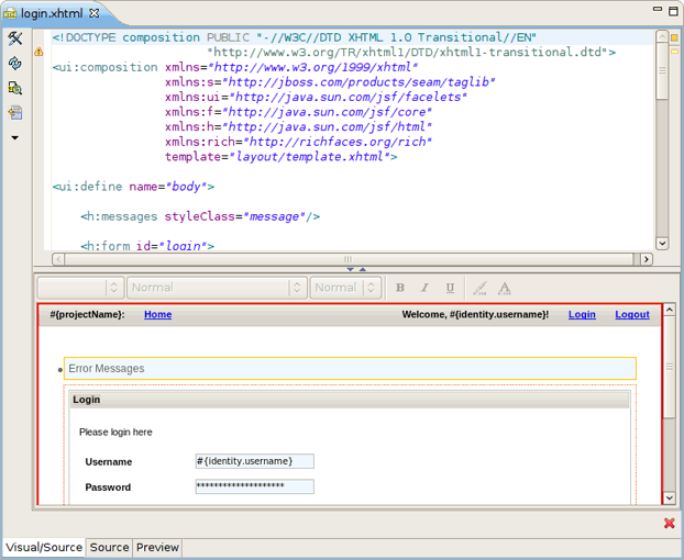 The Visual Page Editor, showing both the source and a visual preview simultaneously.