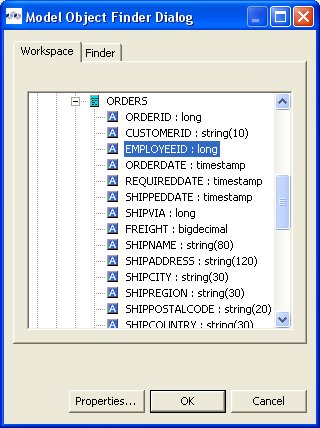 Model Object Finder Dialog - Workspace Tab