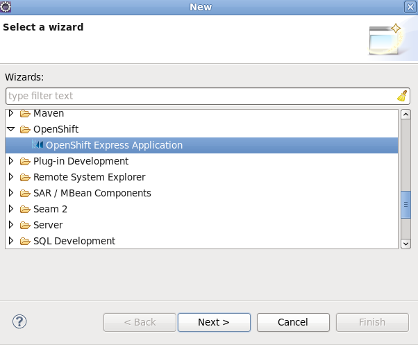 Wizard selection screen with the OpenShift Express Application wizard selected.