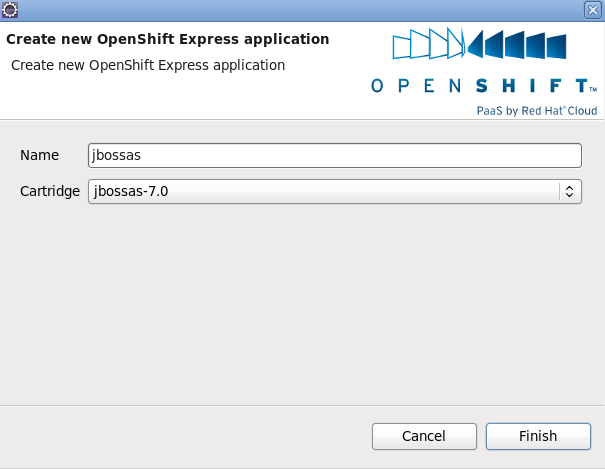 Specifying the name and cartridge for the new OpenShift Express application.