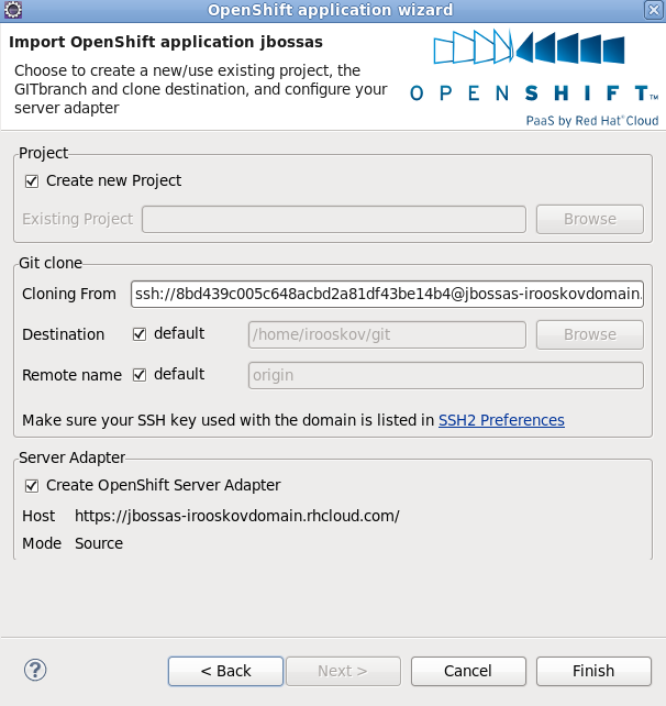 Cloning the project from the Git repository and creating the JBoss Server adapter.