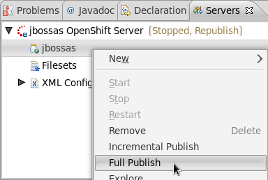 Selecting Full Publish to the OpenShift server, from the context menu of the project.