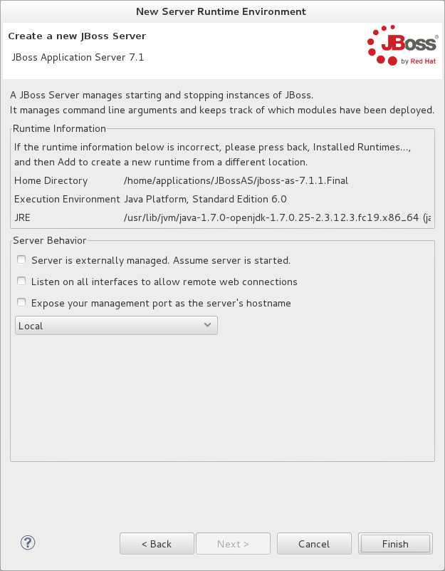 Complete the appropriate information for the new server adapter and click Finish.