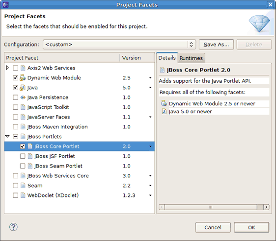 Enabling the JBoss Core Portlet Facet