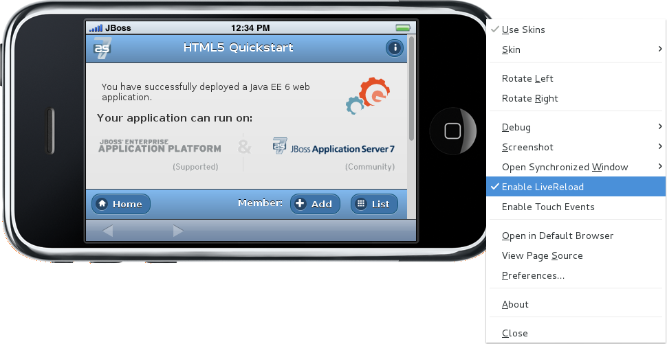 Right-click the simulated device and ensure the Enable LiveReload check box is selected.