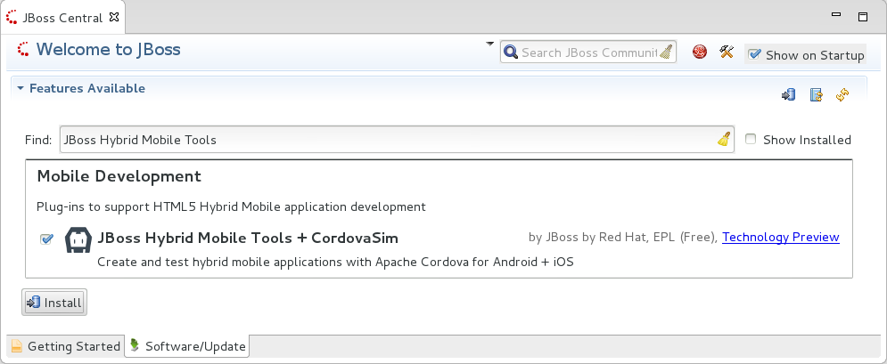 To install these plug-ins, drag the following link into JBoss Central: https://devstudio.jboss.com/central/install?connectors=org.jboss.tools.aerogear.hybrid.