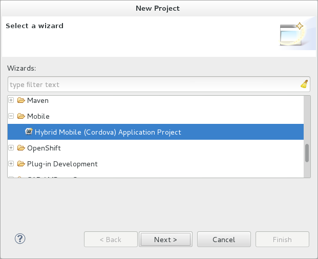 Expand Mobile, select Hybrid Mobile (Cordova) Application Project and click Next.