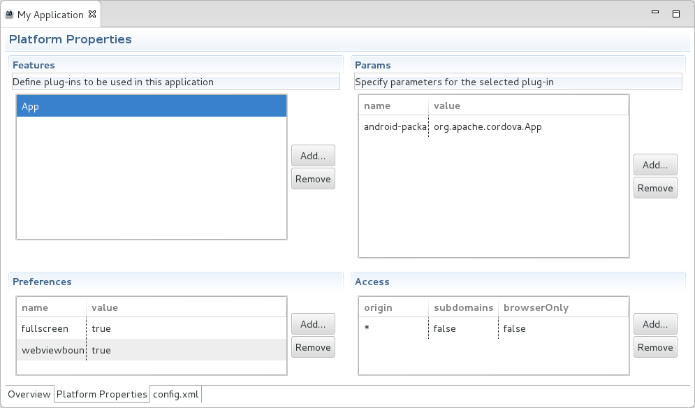 The Platform Properties tab specifies Cordova project functionality, such as features (plug-ins and parameters), preferences and access.