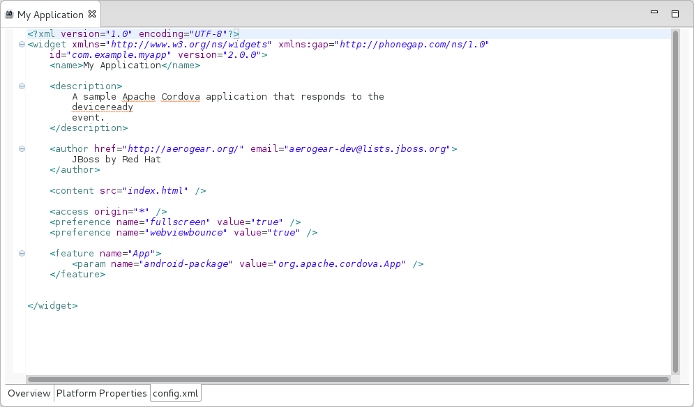 The config.xml tab provides an editor in which to view and modify the config.xml file directly.