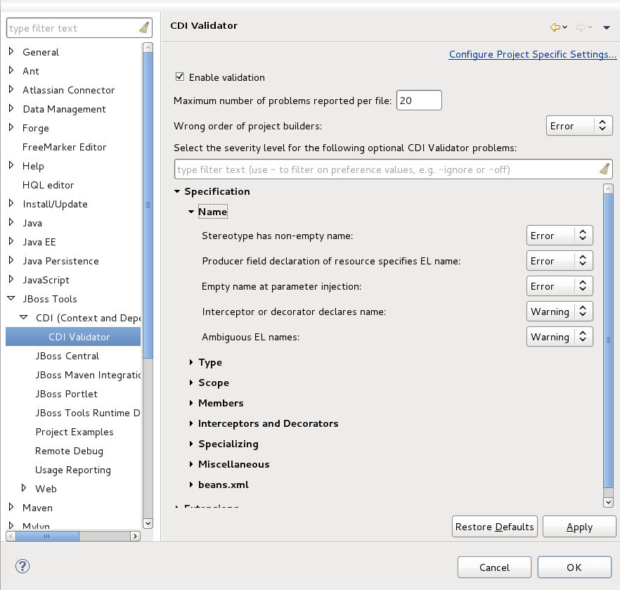 Validation settings.