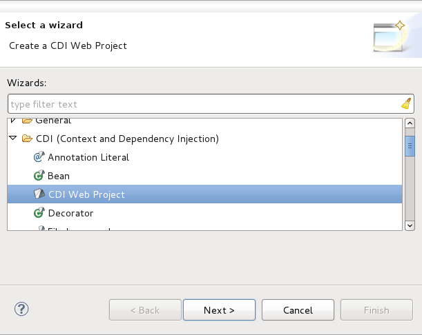 Wizard selection screen with the CDI Web Project wizard selected.