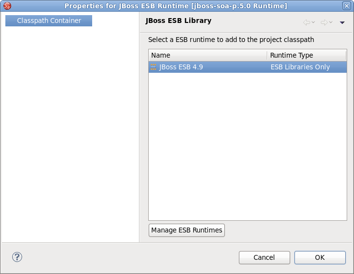 Classpath Container Page to change ESB runtime