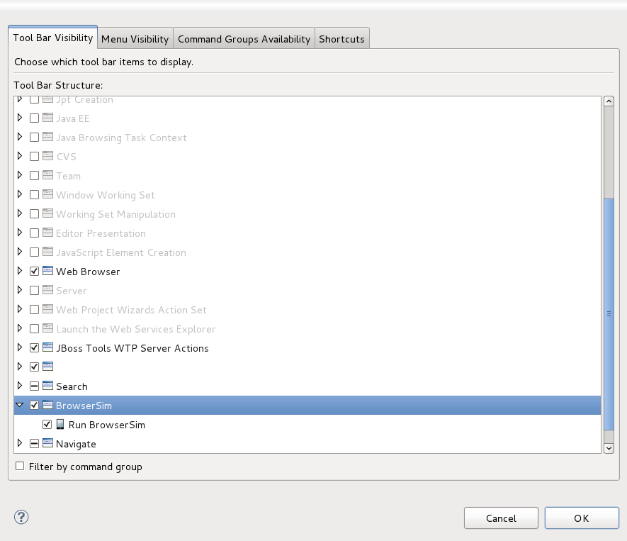 Tool Bar Visibility tab