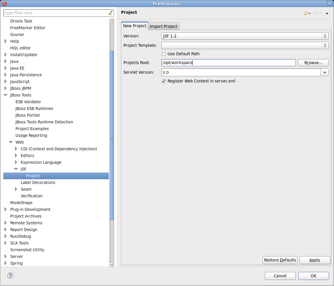 New JSF Project Preferences