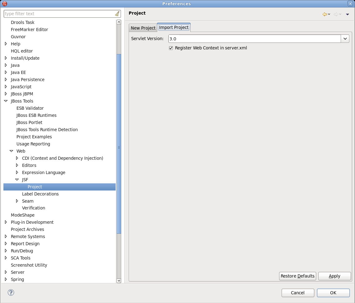 Import JSF Project Preferences