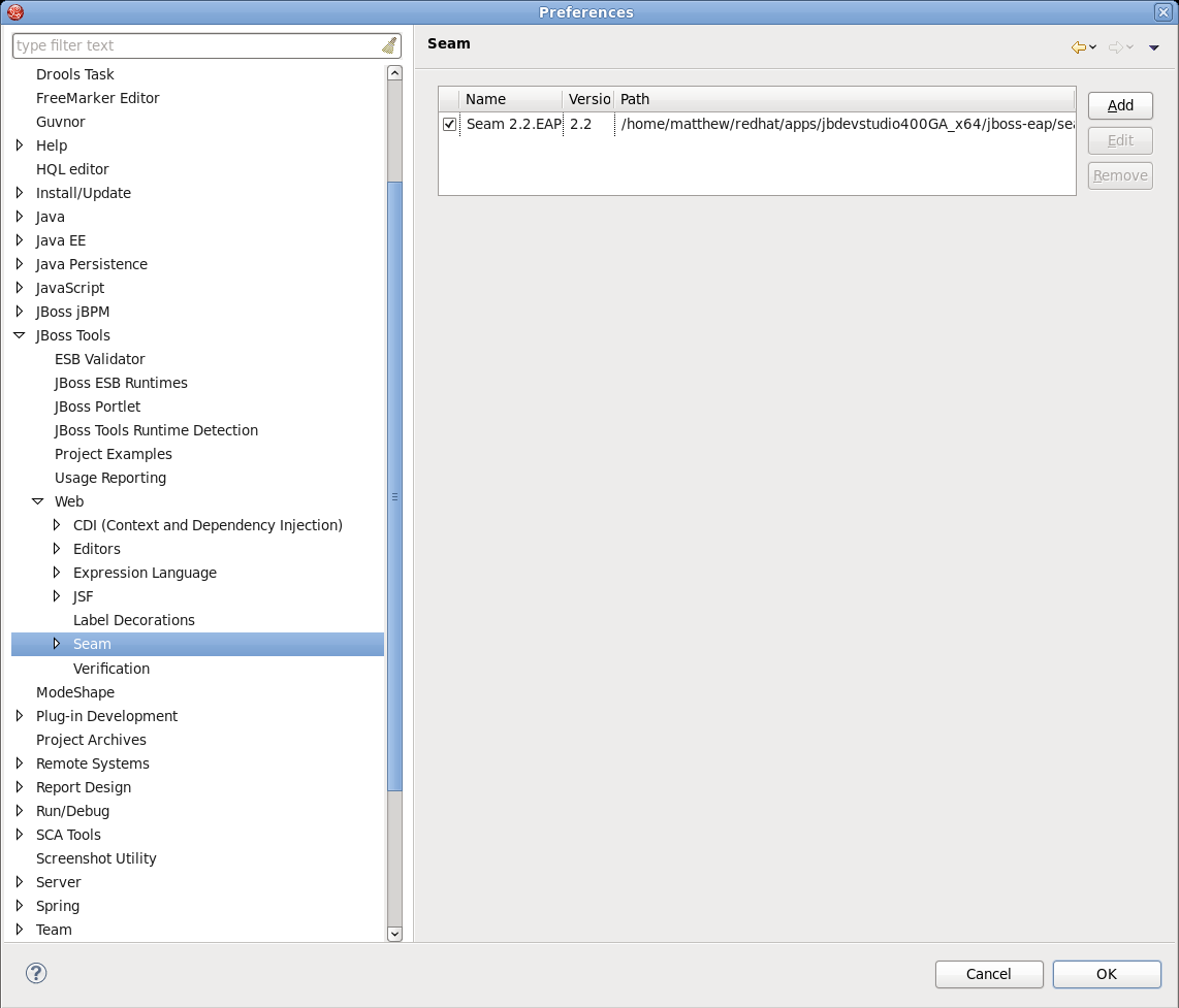 Seam preference page