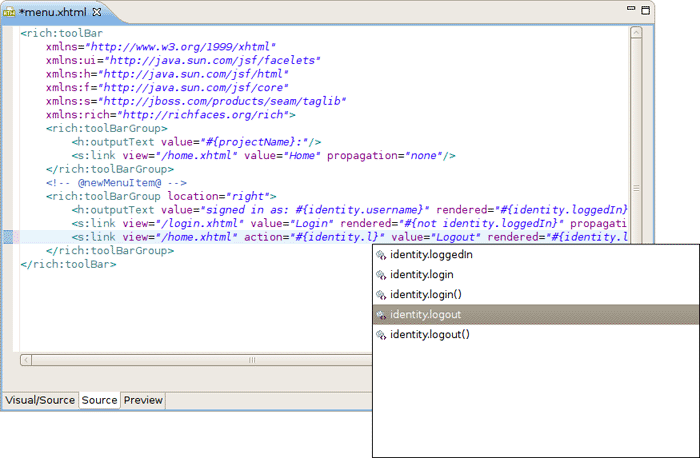 Content Assist for Seam Components in the XHTML Page