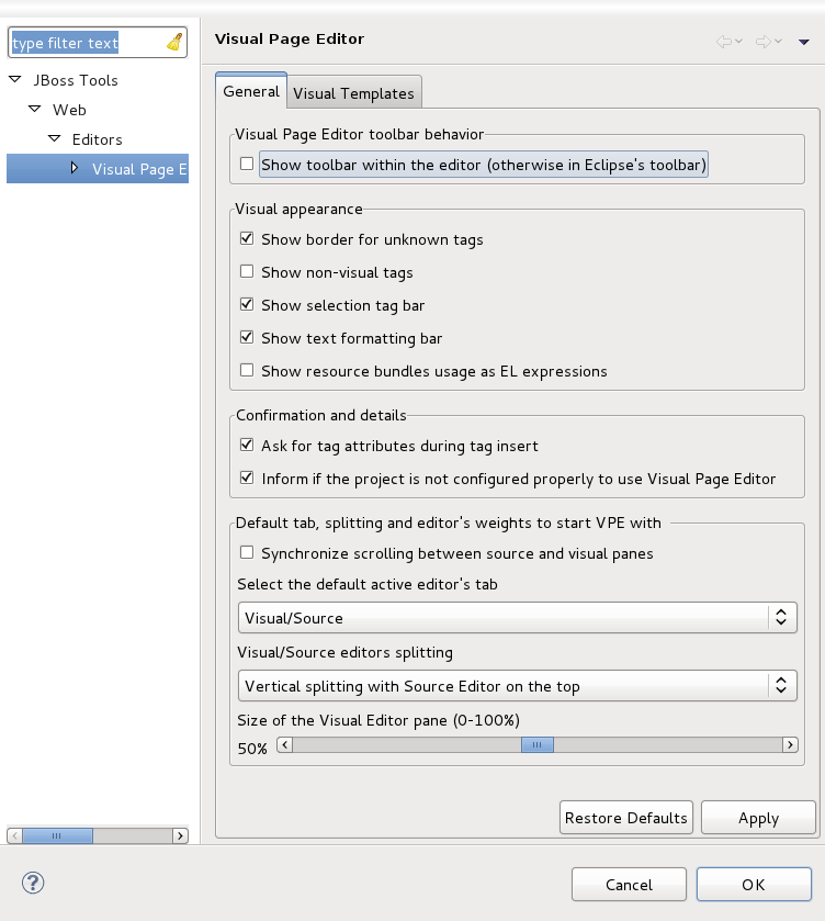 Visual Page Editor Preferences Window